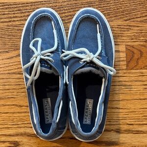 Sperry Dark Blue Canvas Boat Shoes with White Laces